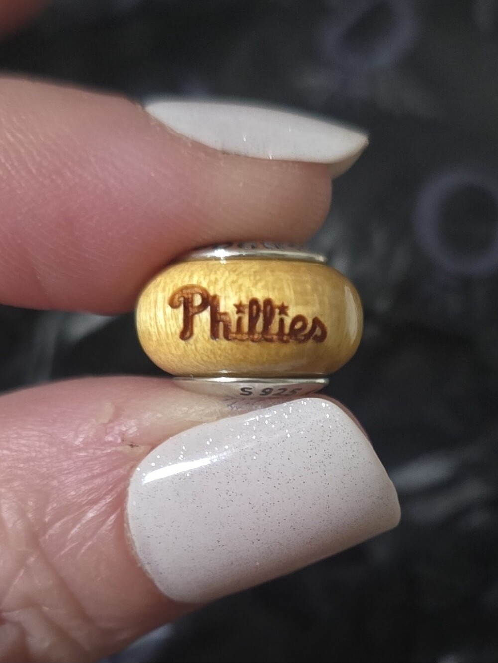 NIB Pandora MLB Philadelphia Phillies Pau Amarelo Wood Charm Sterling Silver 925